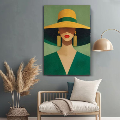 Impression sur toile encadrée 1pc, femme élégante avec chapeau jaune 24 x 36 pouces