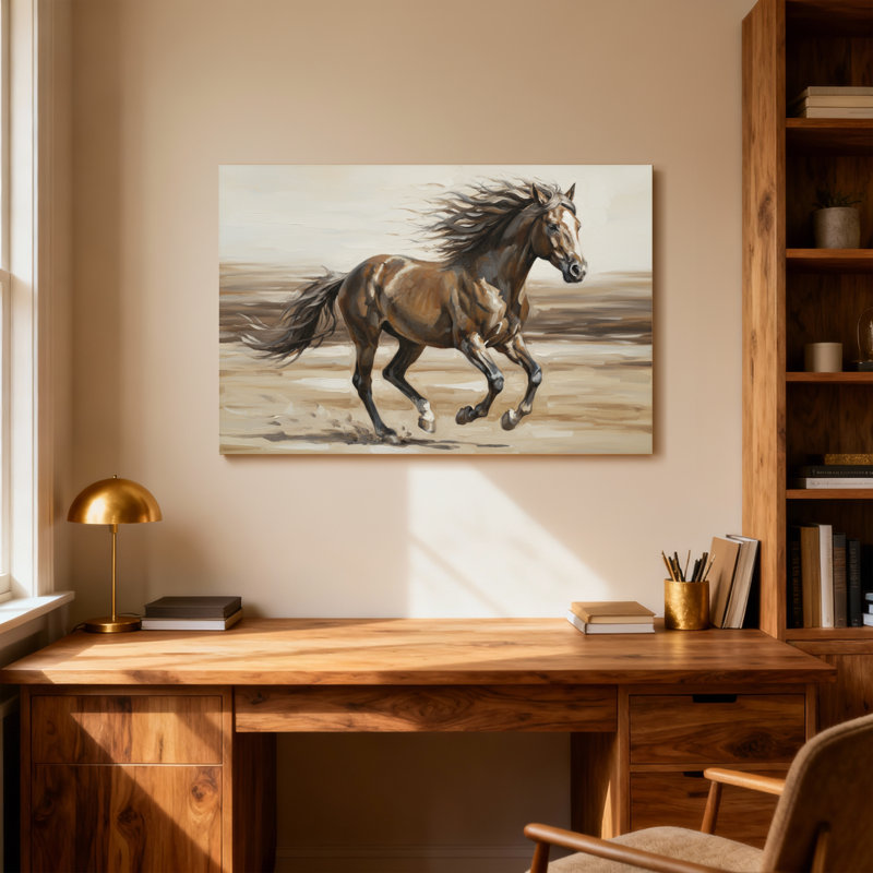 Animaux qui courent à cheval sur un paysage désertique, H 28 po x l 40 po