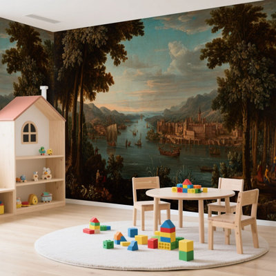 Papier peint adhésif auto-adhésif moderne pour la chambre - avec vue sur la rivière tranquille, château de forêt