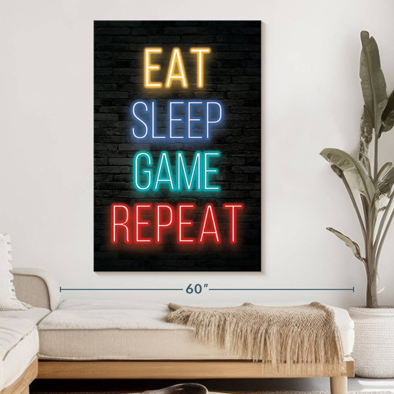 Neon Eat Sleep Game Répétition sur toile, H 51 po x l 34 po x P 1,25 po