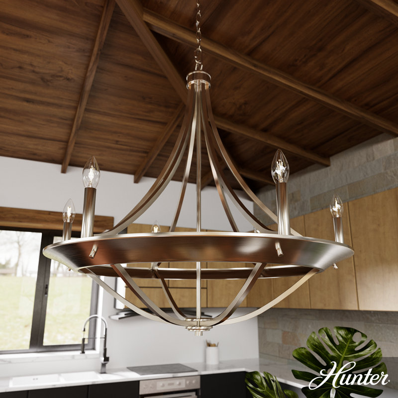 Perch Point 6 Light Candle Style Wagon Wheel Chandelier, Brushed Nickel