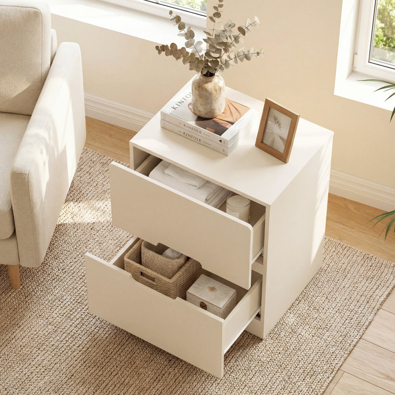 Table de chevet moderne à 2 tiroirs avec poignée découpée ， Ensemble de 2, Beige