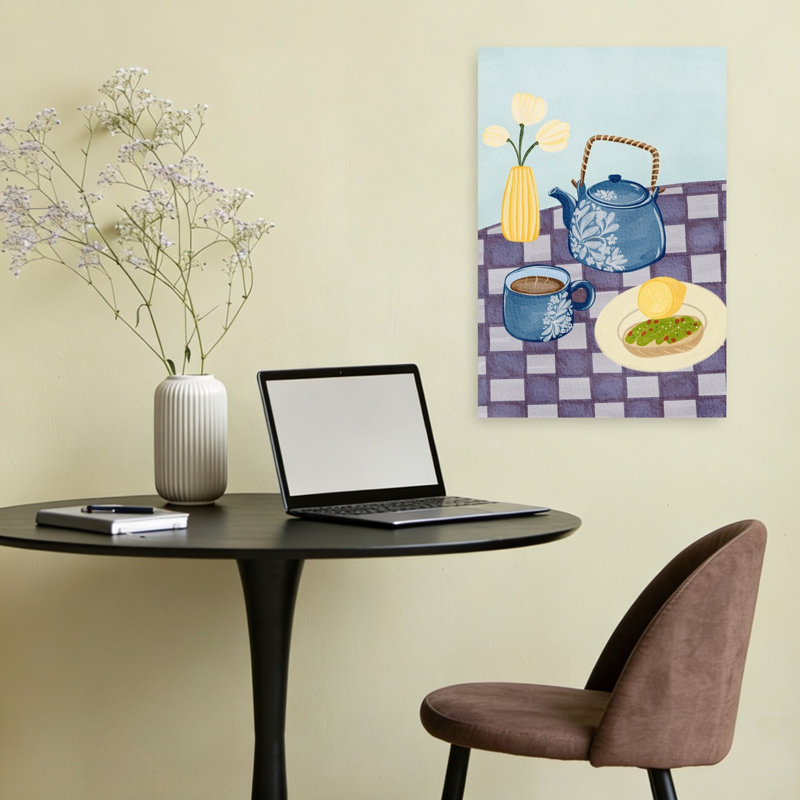 Art mural fleuri bleu, théière bleue