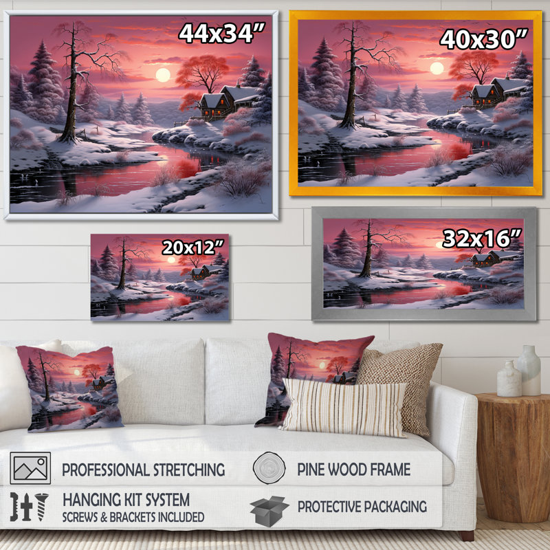 «White Snowy Trees by The River At Red Sunset I», impression sur toile, H 30 po x l 40 po x P 1,5 po, Toile tendue