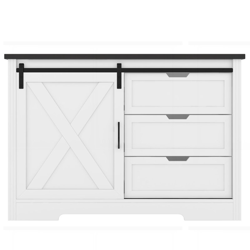 Storage Sideboard with Silent Sliding Doors and Three Drawers, White