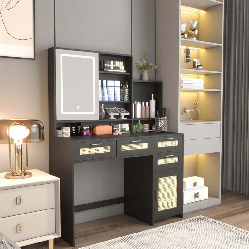 Dressing Table with LED Lights Glass Top Dressing Table with Extendable Side Table 5 Drawers Dressing Table with Mirror and Stool for Bedroom