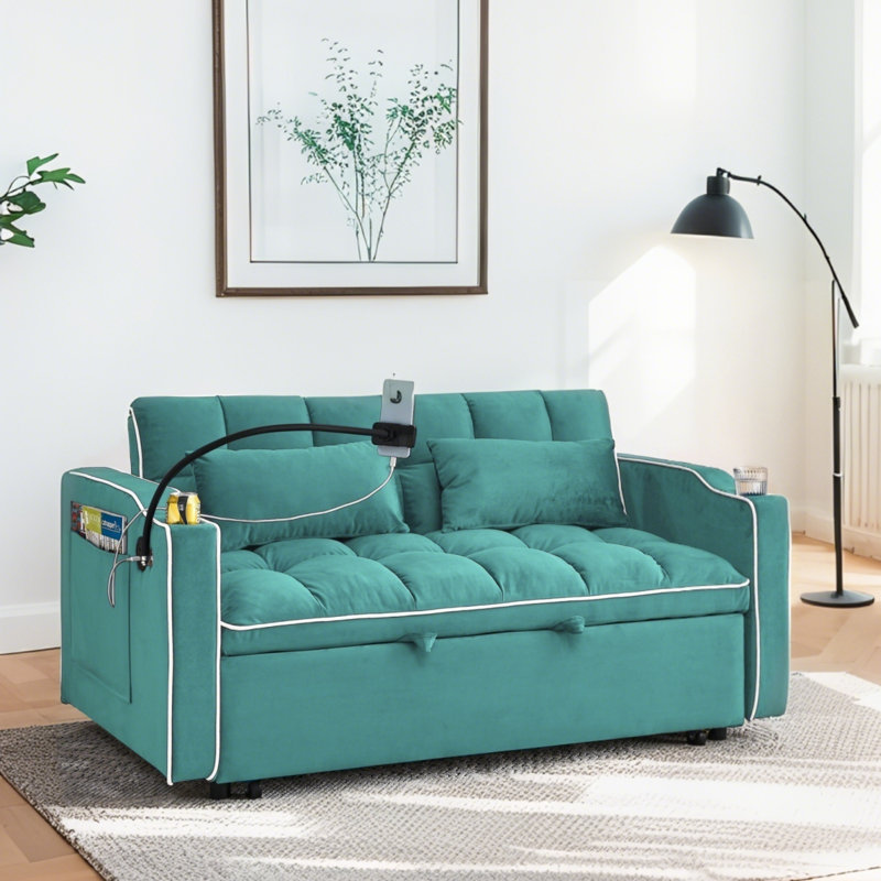 Canapé-lit convertible en velours convertible pour petit espace, salon, Antique Blue Green