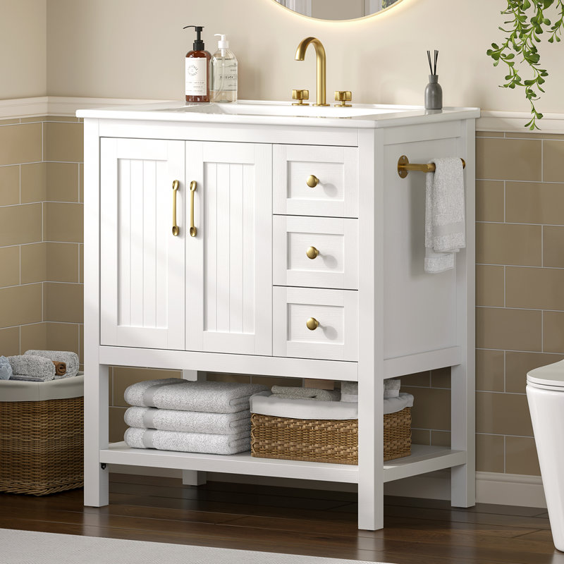 Meuble-lavabo 30 po avec lavabo en céramique, meuble-lavabo autoportant avec 3 tiroirs et tablette ouverte, 30" W