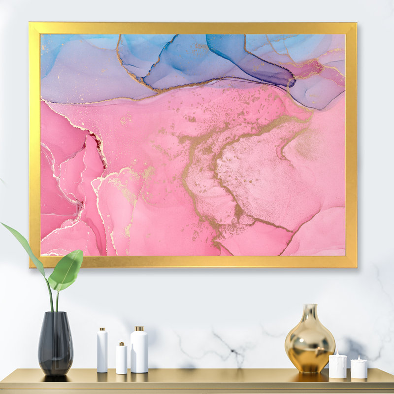 Art à l'encre rose rose avec horizon bleu - reproduction sur toile, H 30 po x l 40 po, Toile à cadre d'angle fermé doré