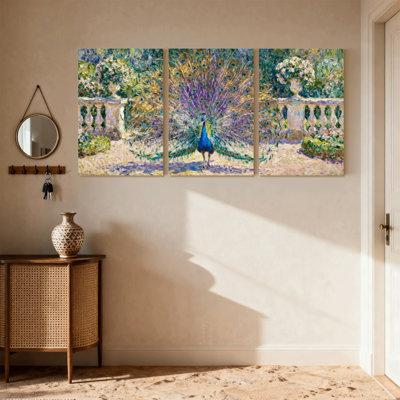 Oiseaux paon dans un jardin avec un cadre floral, ensemble de 3 impressions sur toile