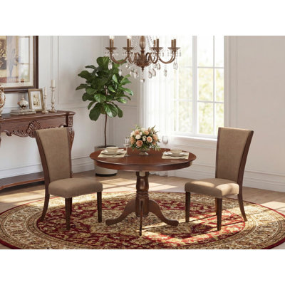 3 Piece Dining Set Contains a Round Dining Room Table with Pedestal and 2 Light Sable Linen Fabric Upholstered Chairs, Linen White
