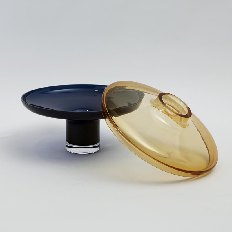 Low Amber Over Cobalt Vase, 8.5'' H x 11.5" W x 11.5" D