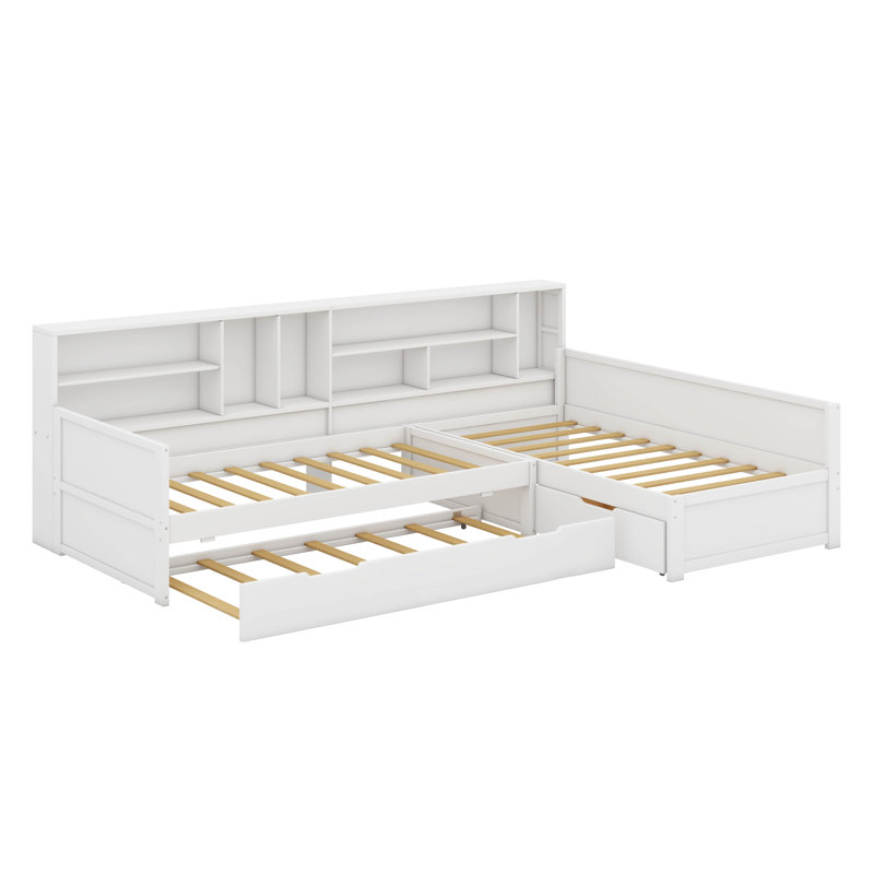 Structure de lit simple en L avec lit gigogne, Blanc