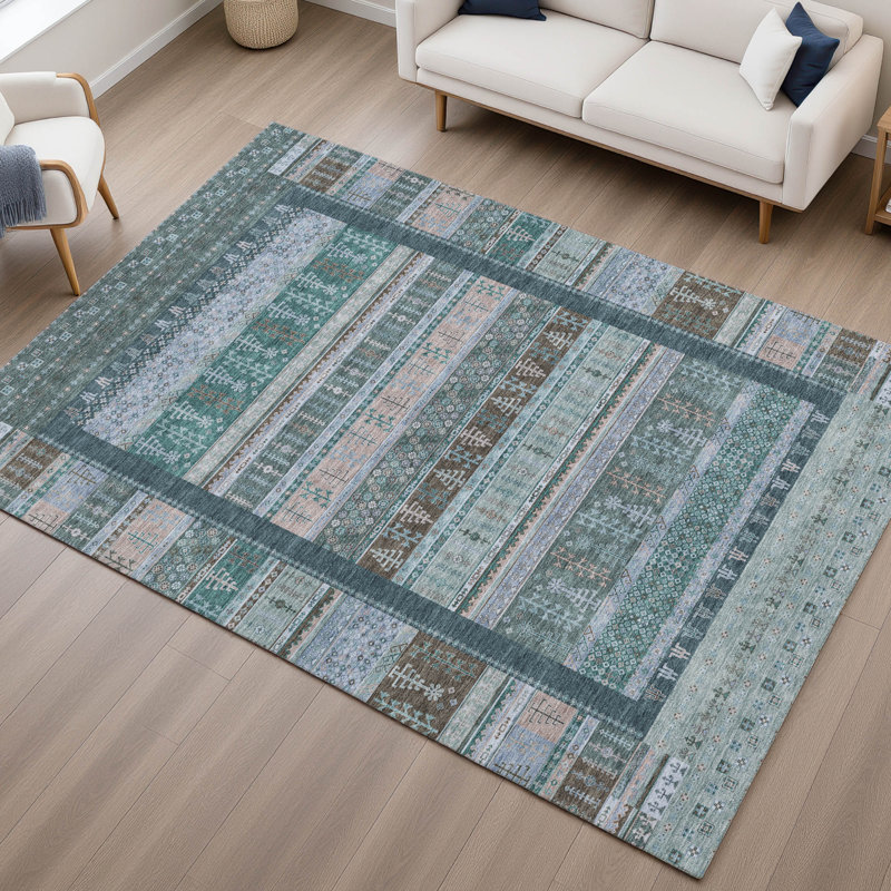 Premium Machine Washable Mayfield AMF2160 Striped Rug, Rectangle 8' x 10', Emerald