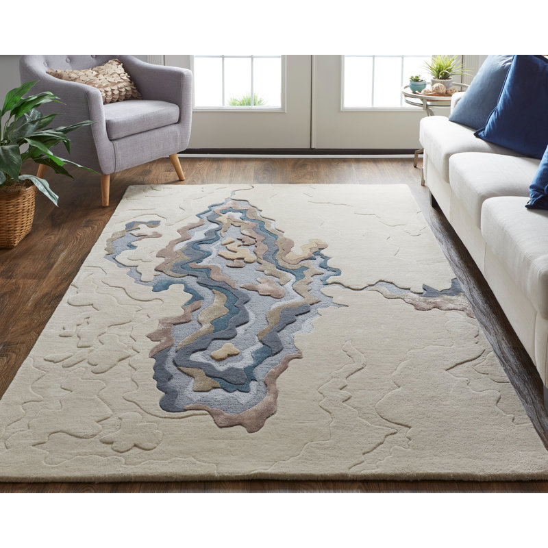 Modern Wool Rug, Blue/Beige Area Rug, Rectangle 10' x 14'