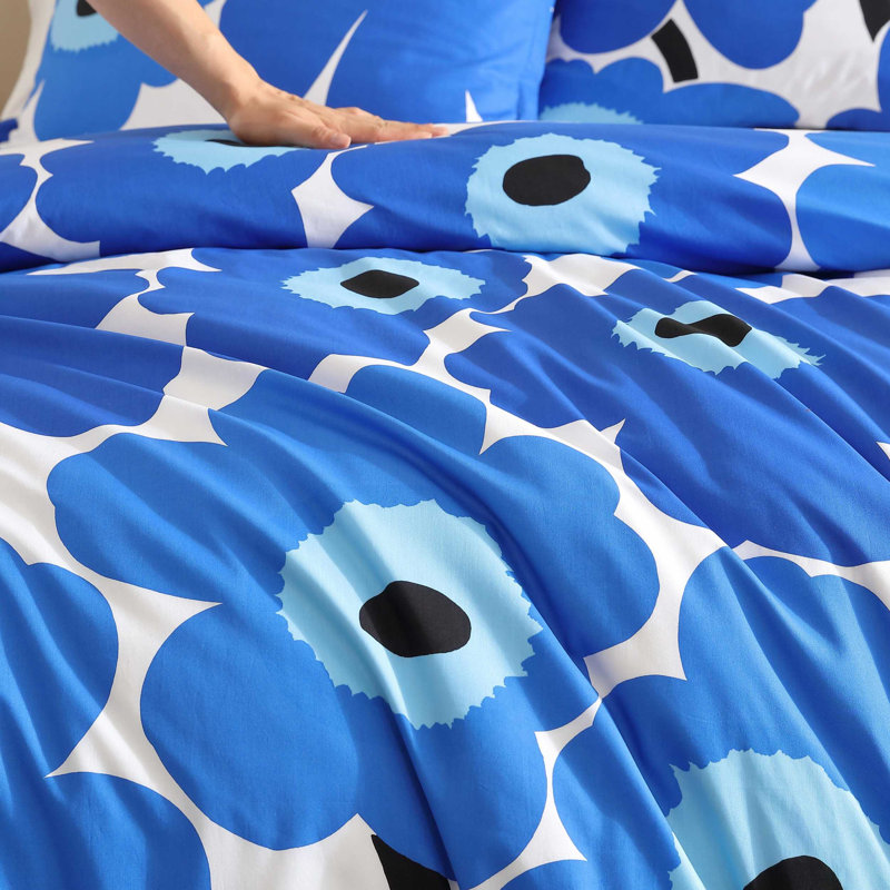 Marimekko Unikko Blue Cotton Reversible Comforter Set, King Comforter + 2 King Shams