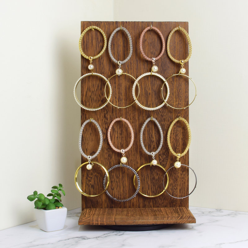 Présentoir à bijoux rotatif en bois à deux faces, organisateur rotatif avec 32 crochets pour le rangement, Brun