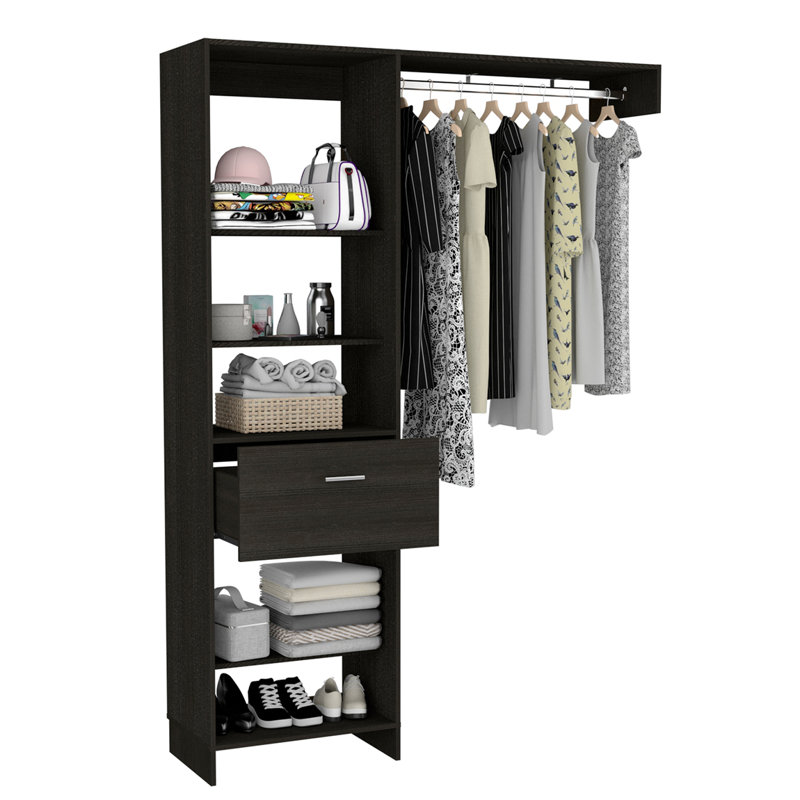 Système de garde-robe Manchester 150, tringle en métal, cinq tablettes ouvertes