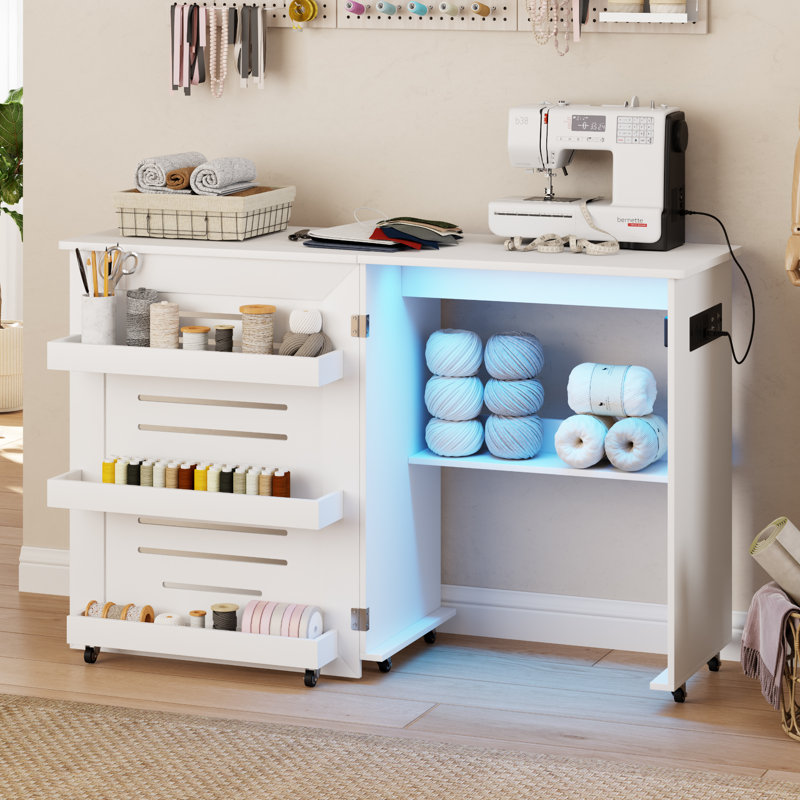120cm x 40cm Foldable Split Top Table with Sewing Machine Platform and Wheels, White
