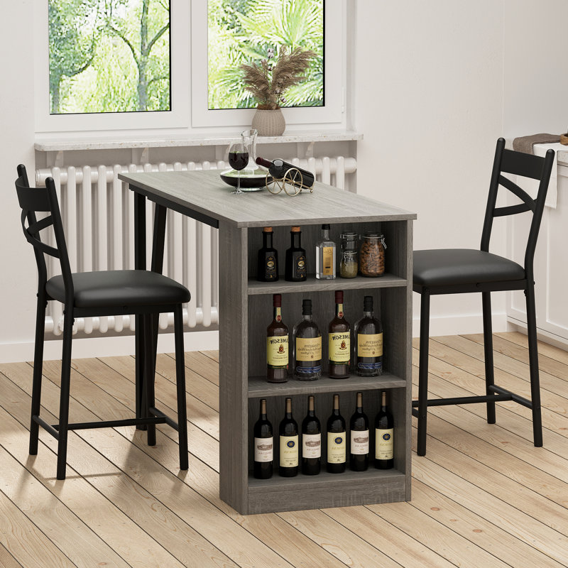 3-Piece Counter Height Bar Table Set for Kitchen Pub, 2 Upholstered Chairs & 3-Tier Shelves, Gray