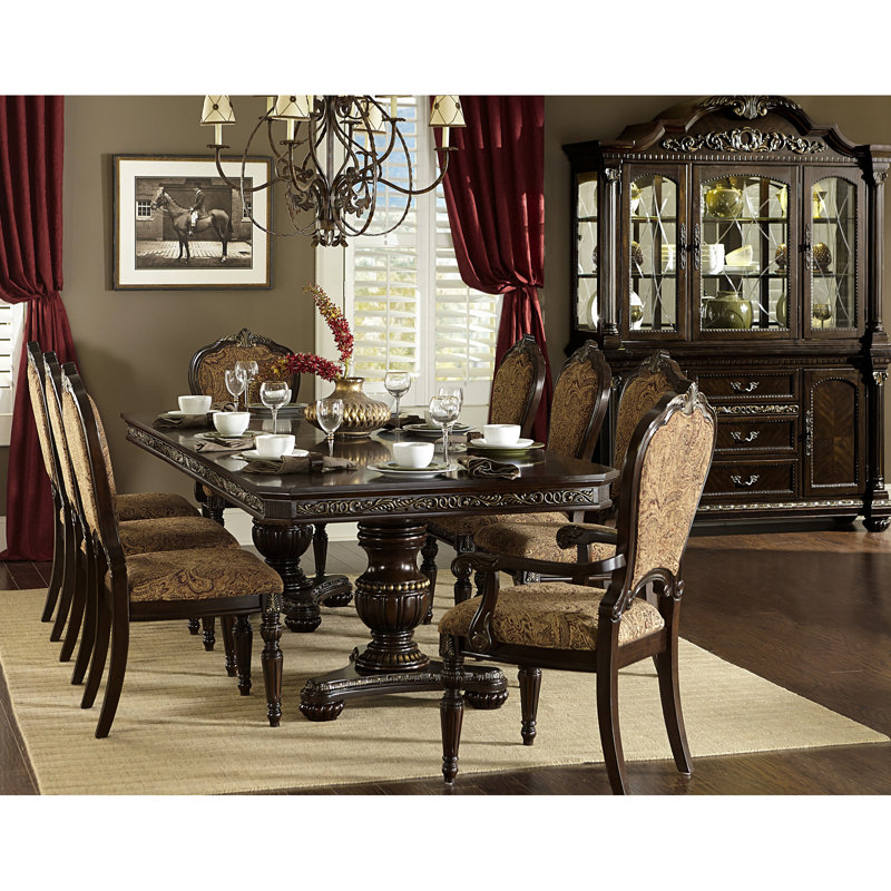 Élégante table de salle à manger extensible avec finition cerisier et basculement doré, double piédestal, 8 places, design traditionnel pour la finition de la pièce, classique