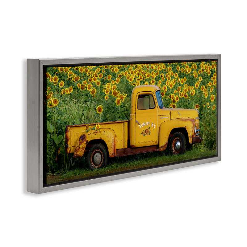 Yellow Pickup in Sunflower Field, Lustre Grey Floater Frame, 14" H x 31" W