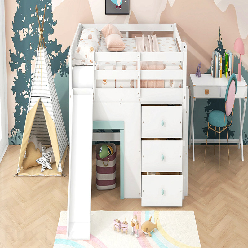 Full Size Low Loft Bed with Slide,Three Storage Drawers and Two Doors