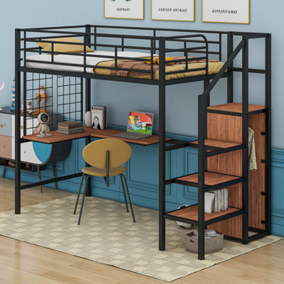  Metal Loft Bed With Desk,Metal Grid, Lateral Storage Ladder And Wardrobe