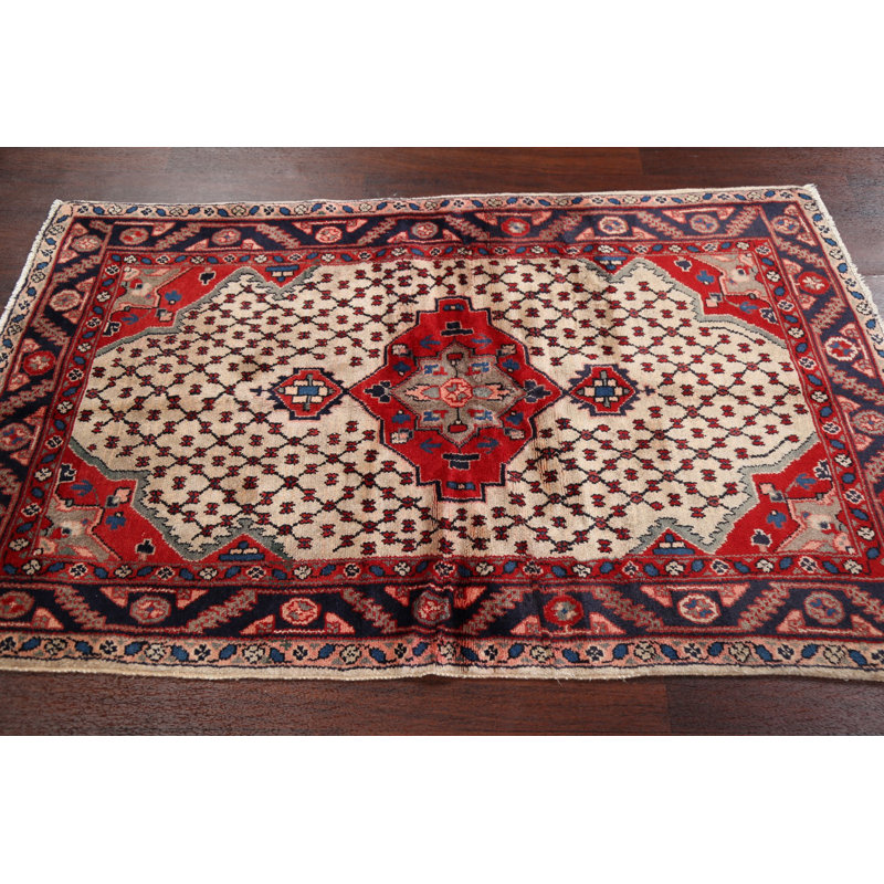 Tapis unique en laine noué à la main ivoire / rouge nouvel âge 3 pi 3 po x 5 pi 2 po Noelson