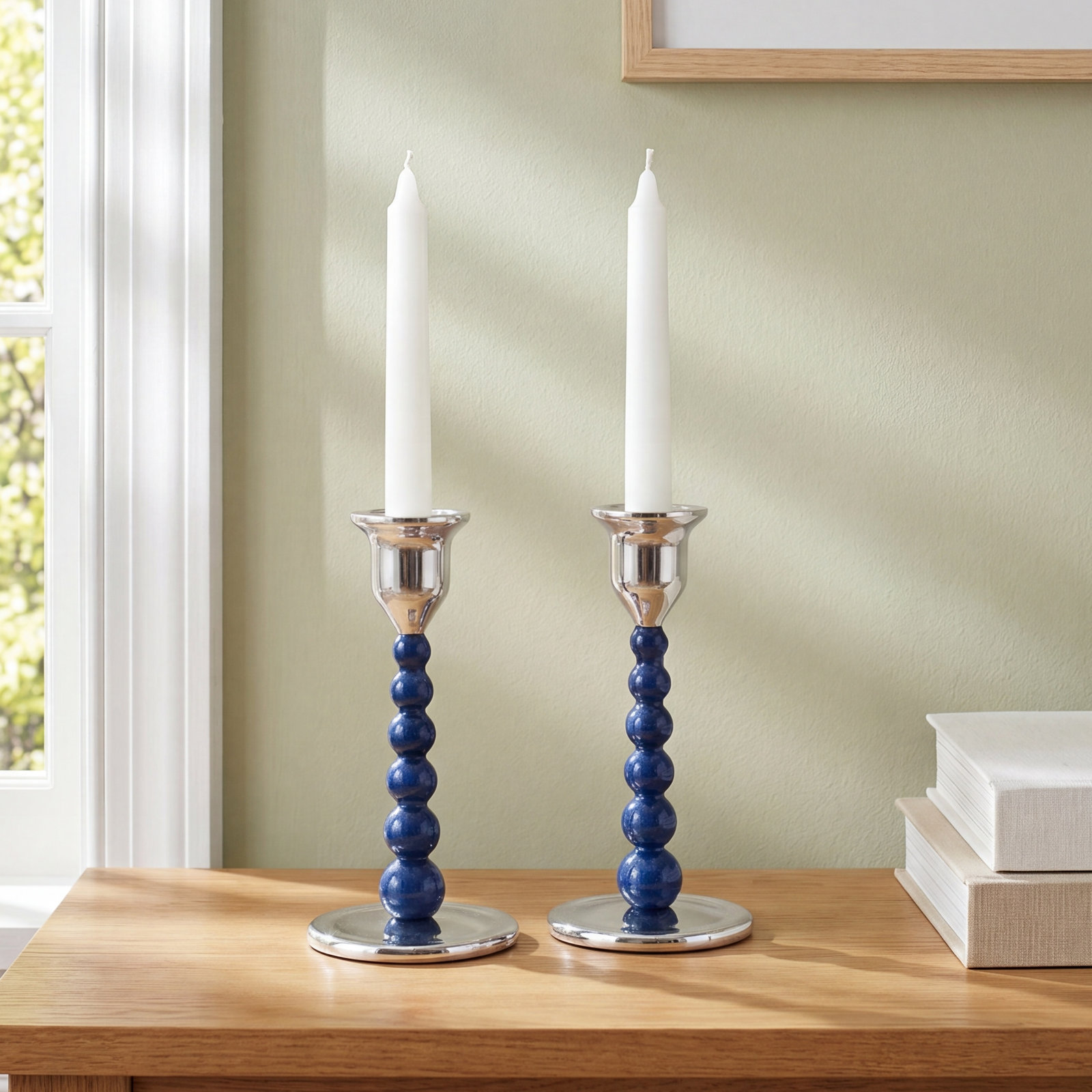 Pearled Aluminum Candlestick Holder, 9" H x 3.54" W x 3.54" D, Green