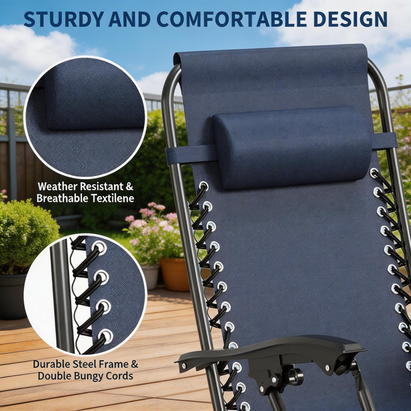 Ensemble de 2 chaises longues de patio, avec coussin et plateau Ã  boissons, Navy