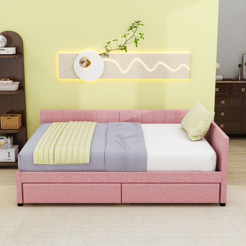 2 Drawers Full Upholstered Daybed, Semi-Closed Design, Pink