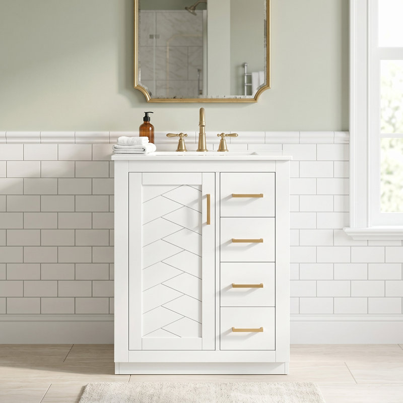 Meuble-lavabo autoportant 24 po en MDF + fer avec plateau à 3 tiroirs et portes à fermeture douce blanc intégré, White, 24''