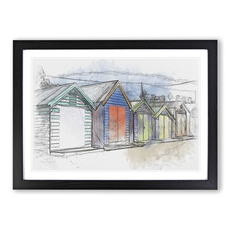 Colourful Beach Huts - Picture Frame Painting, 48cm H x 65cm W x 2cm D, Black