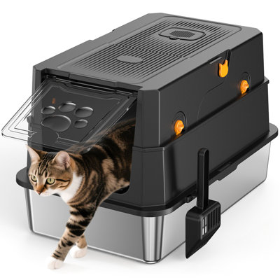 Cat Litter Box Of Stainless Steel - Keeps Odors Away, High Sided To Hold Litter, Has A With Hook For Storage, Silver And Black, Washable, 22.46 In. Depth, 15.04 Width, 16.2 Height, 7.06 Lb Crafted