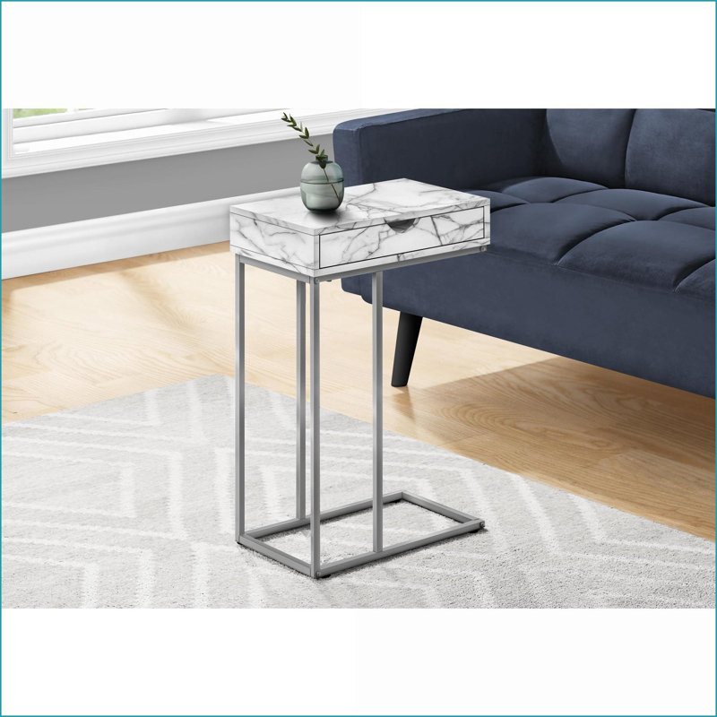 Table basse moderne en forme de C avec tiroir de rangement, aspect marbre blanc, base en métal gris pour le salon / chambre à coucher