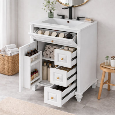 Armoire de meuble-lavabo autoportant 24 po avec comptoir en céramique à 3 trous, tiroirs et rangement, blanc