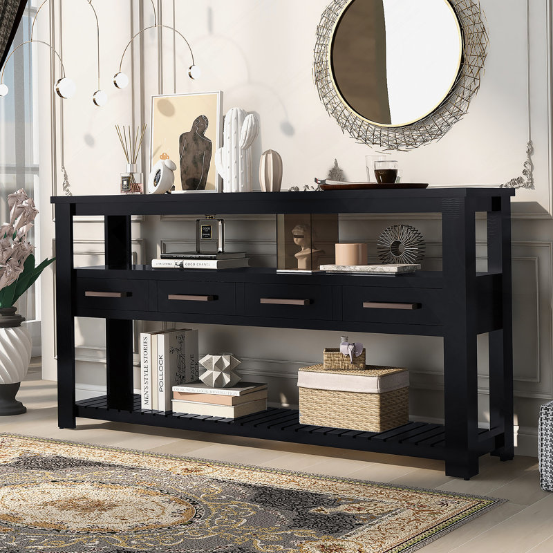 Console moderne pour salon avec 4 tiroirs et 2 tablettes, Noir