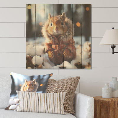 Cute Squirrel With Scarf In Snow IV - Squirrel Animal On Wood Print