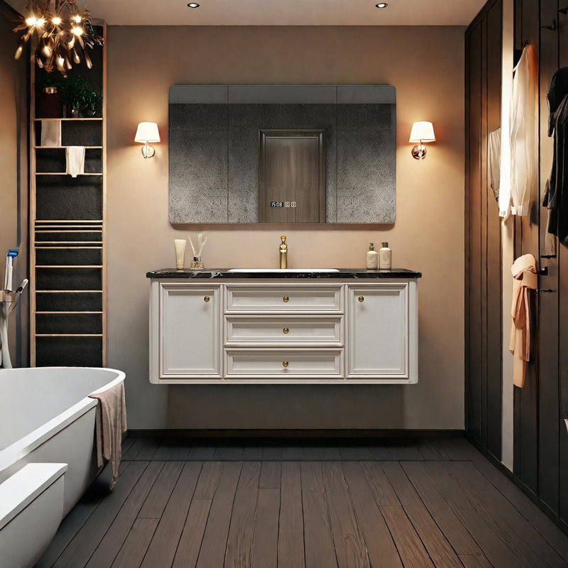 Armoire de salle de bain moderne de style américain, H 21,65 po x l 47,24 po x P 21,65 po, Crème