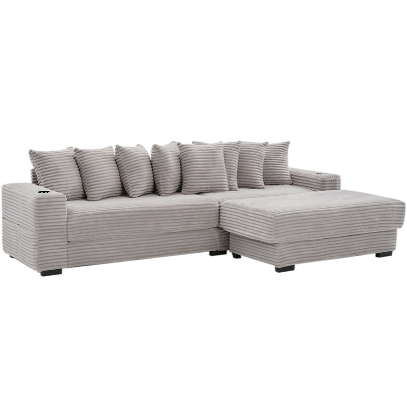 Canapé modulaire en L 110,75 po, canapé modulaire en velours côtelé, avec repose-pieds mobile, porte-gobelets, 8 coussins décoratifs, poche latérale, déplier dans un lit