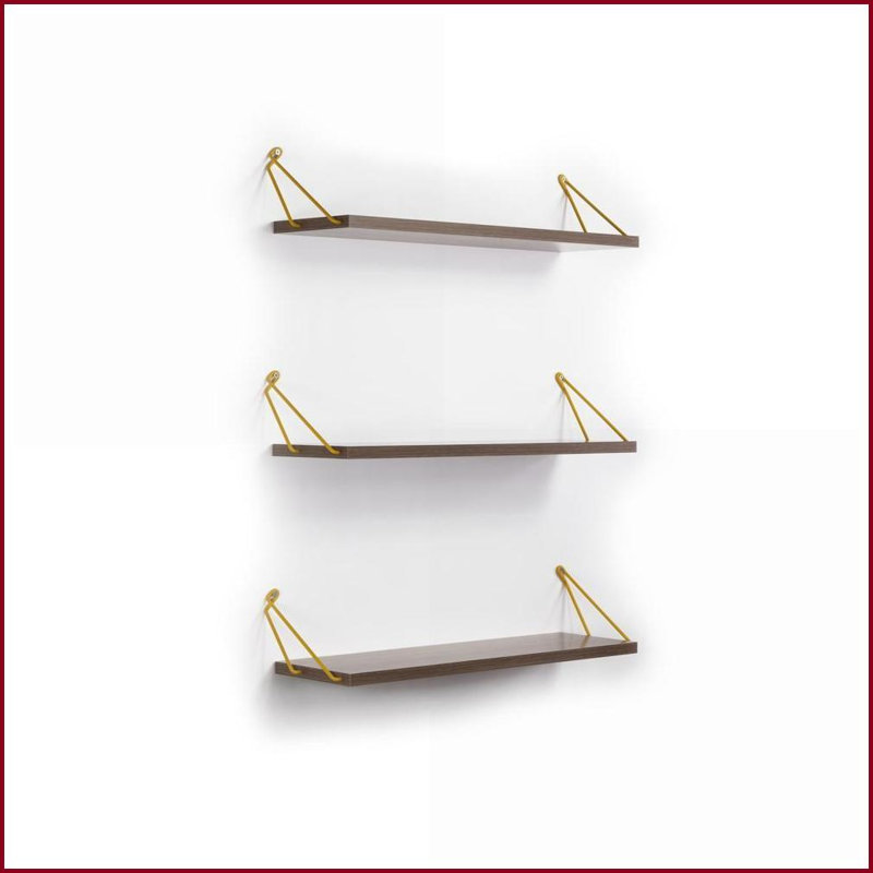 Wall Shelf, Rustic Floating Triple Shelves with Metal Brackets | Walnut Finish | Yellow Accents, Walnut