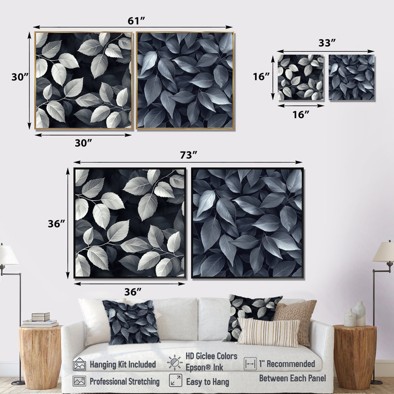 «Slate Grey Leaves Beauty I» - art mural feuilles - décoration murale traditionnelle 2 pièces, H 36 po x l 73 po