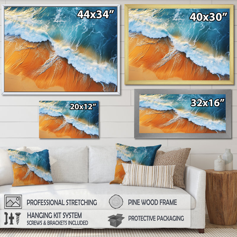 Bleu et orange, vue aérienne de plage rétro III - art mural plage, Cadre d'angle fermé noir, H 12 po x l 20 po x P 1 po