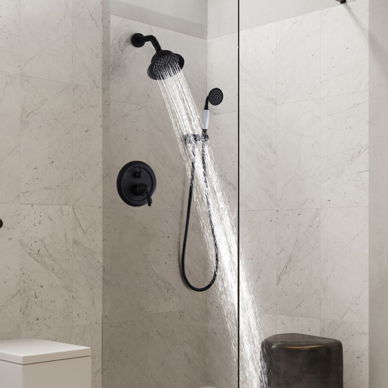 Système de douche complet pour salle de bain avec valve brute et pomme de douche à effet pluie, Noir mat