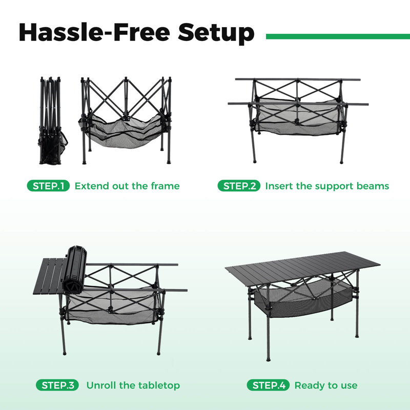 Table de camping pliante pour patio avec plateau en aluminium et panier en filet argenté, Plateau noir / base noire