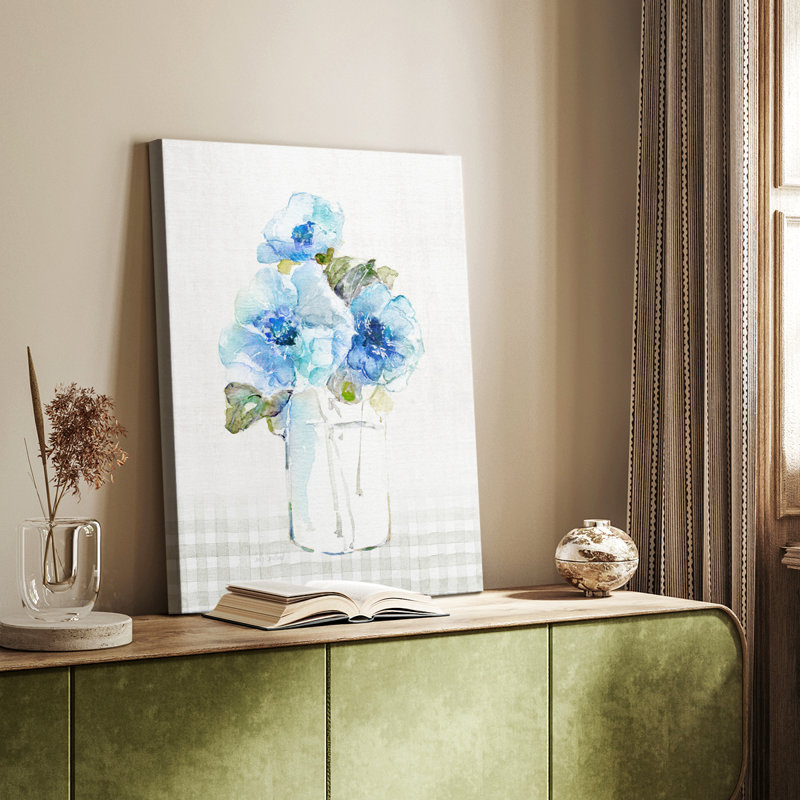 Gingham Blue Flowers I -Gallery Wraraped Cavas, H 18 po x l 12 po