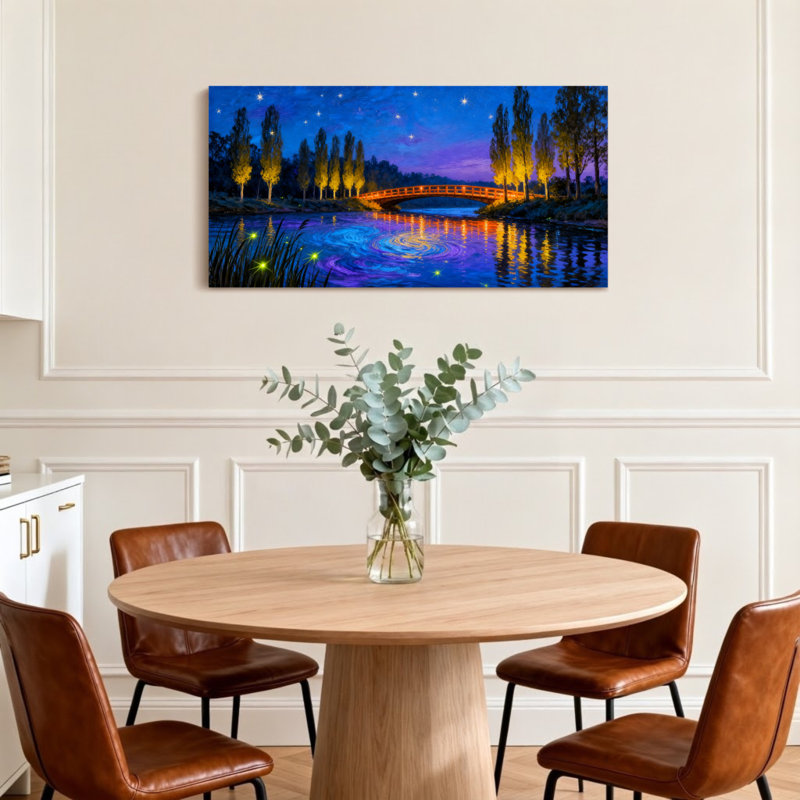 Paysage, nature, ciel nocturne, pont, rivière, étoiles, arbres, lumières, réflexion, H 28 po x l 58 po