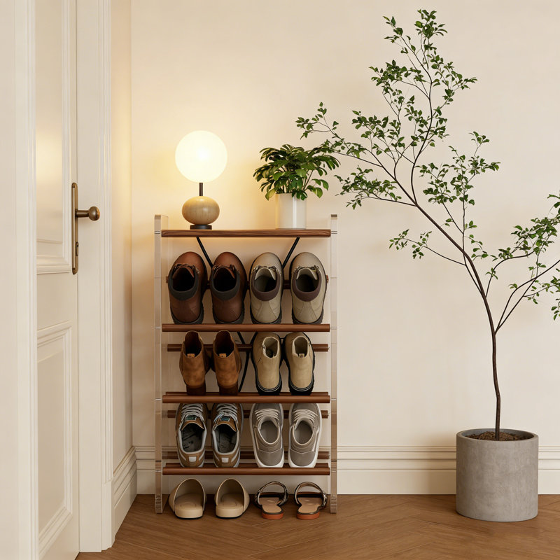 Freestanding Shoe Rack, Solid Wood & Acrylic, 4-Tier Slanted Design For Large Size & High-Top Shoes, Shoe Cabinet For Entryway, Bedroom & Living Room