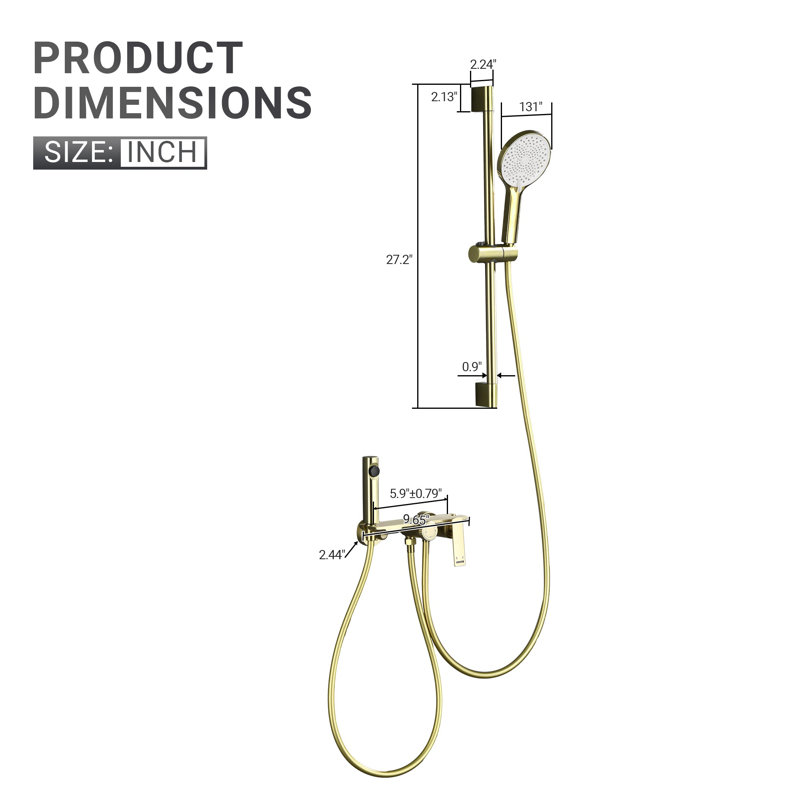 Robinet de baignoire et de douche à 3 fonctions avec douchette brute et douchette à main 3-Functiom, Or brossé